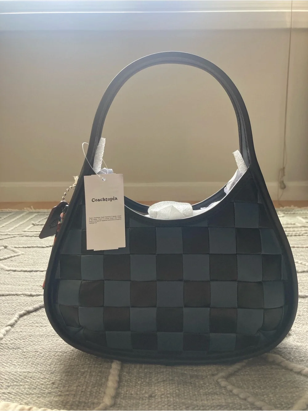 COACHTOPIA Woven Checker Hobo Shoulder Bag in Dark Blue and Black-Real Leather